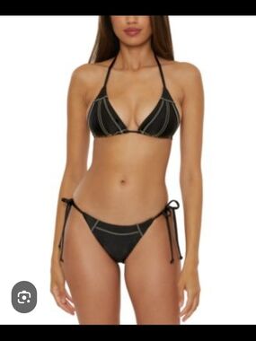 NWT BECCA Black Triangle String Bikini with Contrast Stitching Top D CUP/ Btm M
